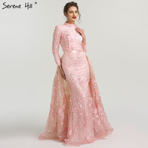 En solde, aucun retour ni remboursement. Robe de soirée à col montant, motif romantique rose, fleurs faites à la main, coupe trapèze, LA6308