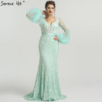 On Sale No Return No Refund V-Neck Long Sleeves Mermaid Evening Dresses Flowers Pearls Fashion LA6514