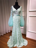 On Sale No Return No Refund V-Neck Long Sleeves Mermaid Evening Dresses Flowers Pearls Fashion LA6514