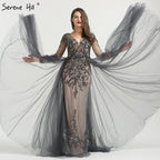 Muslim Long y V-Neck New Evening Dress 2025  A-Line Fashion Diamond Beading With Over Skirt  Evening Dress Real Photo LA6571