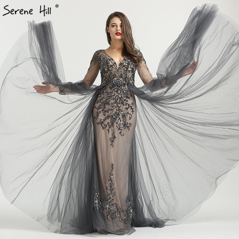 Muslim Long y V-Neck New Evening Dress 2025  A-Line Fashion Diamond Beading With Over Skirt  Evening Dress Real Photo LA6571