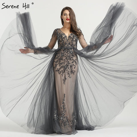 Vestido de noche nuevo 2025, sexy, de manga larga, con escote en V, corte en A, con pedrería de diamantes y cola. Foto real LA6571