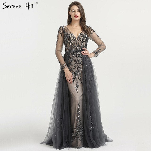 Muslim Long y V-Neck New Evening Dress 2025  A-Line Fashion Diamond Beading With Over Skirt  Evening Dress Real Photo LA6571