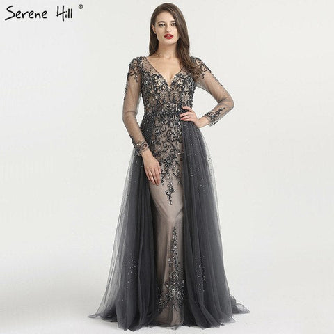 Vestido de noche nuevo 2025, sexy, de manga larga, con escote en V, corte en A, con pedrería de diamantes y cola. Foto real LA6571