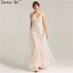 White Nude Evening Dresses Pearls Crystal Mermaid Evening Gown LA6242