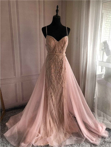 Vestido de noche blanco nude con perlas y cristales, corte sirena, LA6242