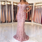 On Sale no return no refundSale Pink Mermaid Boat Neck Evening Dresses Lace Pears Diamond LA6560
