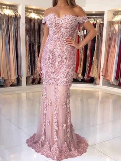 On Sale no return no refundSale Pink Mermaid Boat Neck Evening Dresses Lace Pears Diamond LA6560
