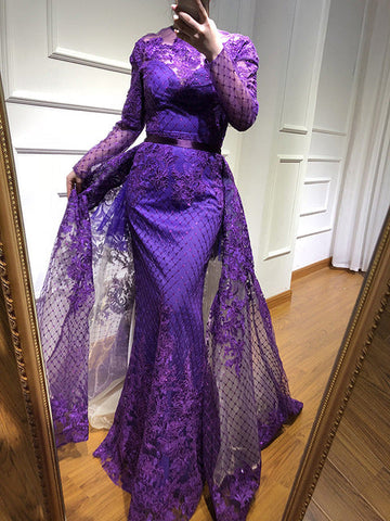 En oferta. Sin devoluciones ni reembolsos. Vestidos de noche de manga larga color morado LA6548