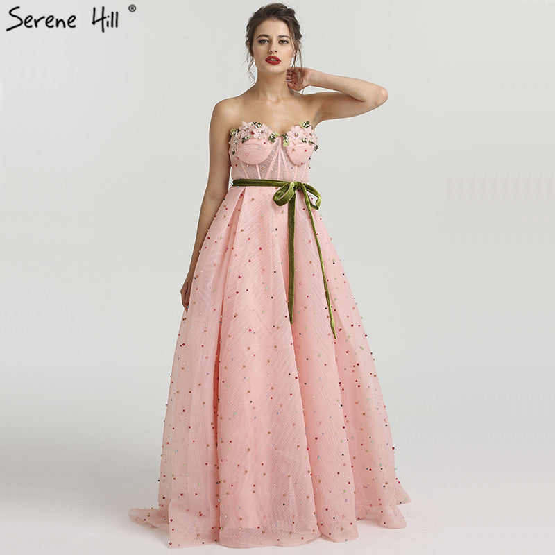 Sleeveless Illusion Tulle Evening Dresses Colored Flowers Pearls Fashion Beach LA6490