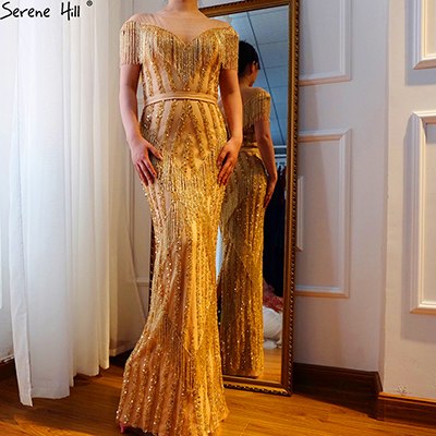 En oferta, sin devoluciones ni reembolsos. Vestidos de noche de sirena dorados de lujo sin mangas, elegantes vestidos de noche brillantes LA6543