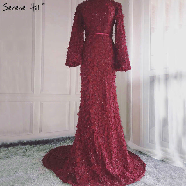 Flowers Pearls Long Sleeves Mermaid Evening Dresses Muslim Fashion Elegant Tulle Evening Gowns 2025 LA6293