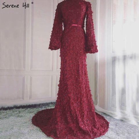 Robe de soirée sirène à manches longues et fleurs, style musulman, élégante, en tulle, 2025 LA6293