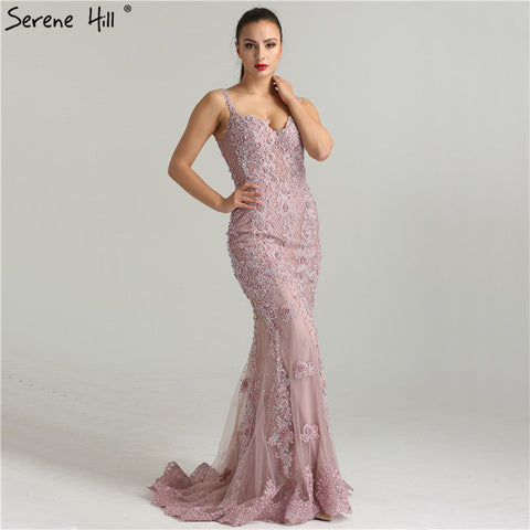 Rebajas Vestidos de noche rosas, sexis y elegantes 2025 Vestido de noche formal de sirena con encaje, corte pera y diamantes Foto real LA6355