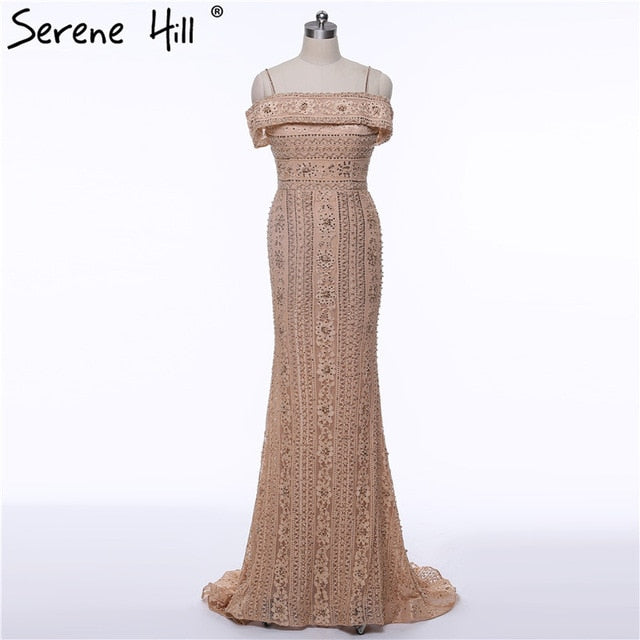 On Sale no return no refundSale Newest Mermaid Elegant Evening Dress Long Sexy Sleeveless Pearls Beading Evening Gowns LA6013