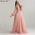 Princess Sexy Fashion  Lantern sleeve Peach  Pink Glitter  Pearls Flower  A-line Evening Dresses Fashion  Design Style   LA6342