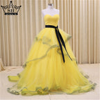 Puffy Tulle Wedding Dress  Ruffles  Ball Gown  Beaded Yellow Bungundy Court Train Bridal Dresses