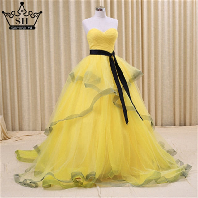 Puffy Tulle Wedding Dress  Ruffles  Ball Gown  Beaded Yellow Bungundy Court Train Bridal Dresses