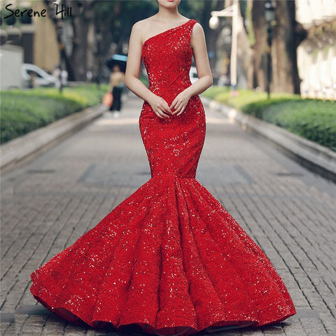 Robe de mariée sirène rouge à une épaule en dentelle pailletée