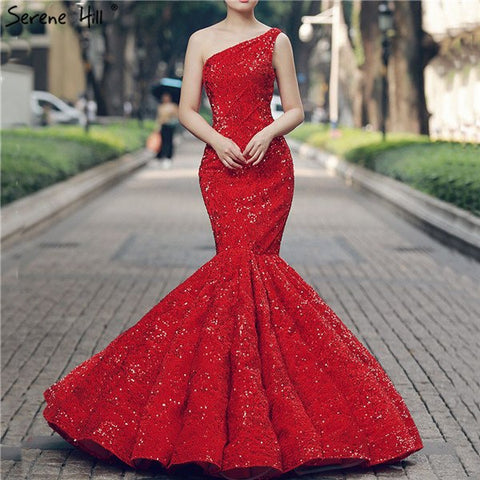 Robe de mariée sirène rouge à une épaule en dentelle pailletée