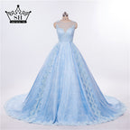 Luxury Light Blue Top Quality Pearls See Through Wedding Dress  Bridal Gowns LA6494