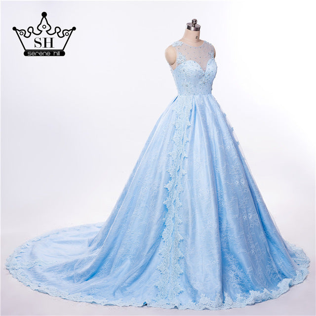 Luxury Light Blue Top Quality Pearls See Through Wedding Dress  Bridal Gowns LA6494