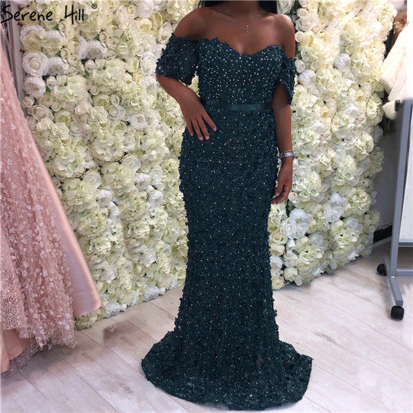 On Sale no return no refundSexy Strapless Short Sleeves Mermaid Evening Dresses 2025 Embroidery Pearls Fashion Evening Gowns LA6519