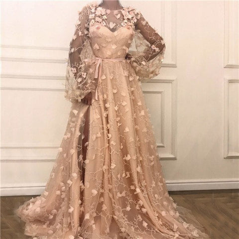 Vestidos de noche color melocotón de manga larga con flores hechas a mano LA6496