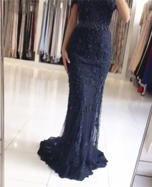 On Sale no return no refundSale Pink Mermaid Boat Neck Evening Dresses Lace Pears Diamond LA6560