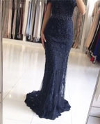On Sale no return no refundSale Pink Mermaid Boat Neck Evening Dresses Lace Pears Diamond LA6560