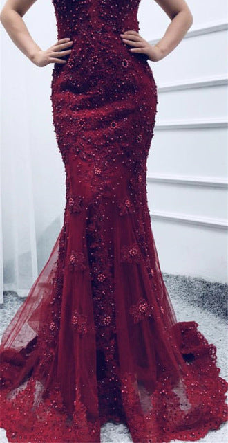 On Sale no return no refundSale Pink Mermaid Boat Neck Evening Dresses Lace Pears Diamond LA6560