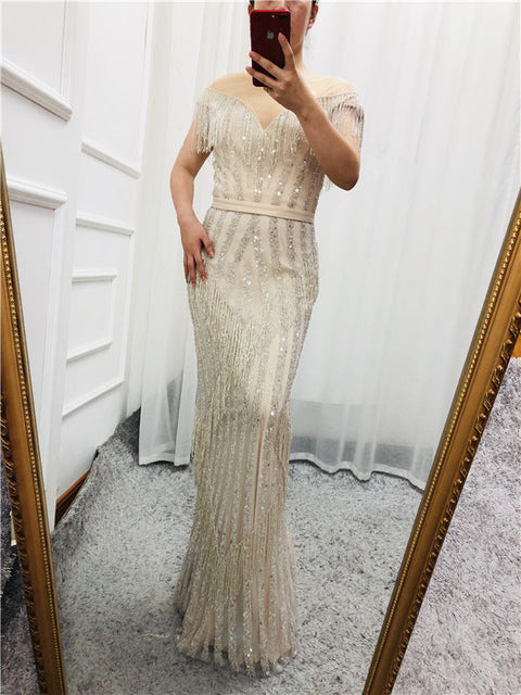 On Sale no return no refundSale Gold Luxury Sleeveless Mermaid Evening Dresses Elegant Sparkle Evening Gowns LA6543
