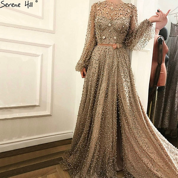 On Sale no return no refund Sale 2025 Arab Gown Luxury Diamond Pearls Sparkle Evening Dresses Long SleevesFashion Sexy Evening Gowns LA6535