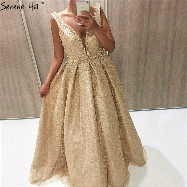On Sale No Return No Refund Sale Sleeveless Deep-V Sexy Long Evening Dresses Pearls Crystal Evening Gown LA6173