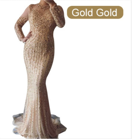 Robe de soirée sirène à manches longues et paillettes, ornée de diamants et de perles, LA6591