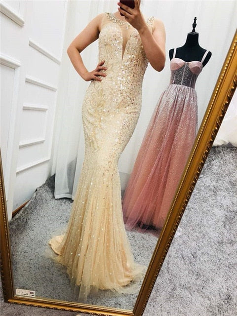On Sale no return no refundSale Grey Luxury Sleeveless Sexy Evening Dresses Elegant Mermaid Sequined Sparkle LA6580