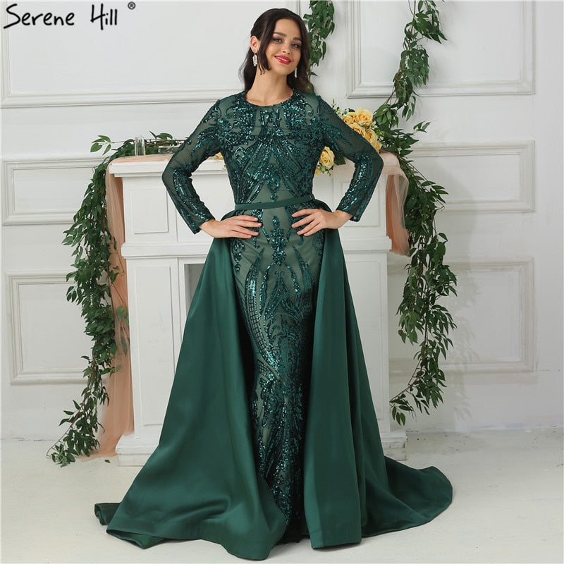 Green Long Sleeves Luxury Mermaid Evening Dress Appliques Sequined Fashion With Train Evening Gowns 2025 LA6613
