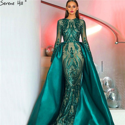 Robe de soirée sirène verte à manches longues, luxueuse, avec traîne et paillettes appliquées, 2025 LA6613