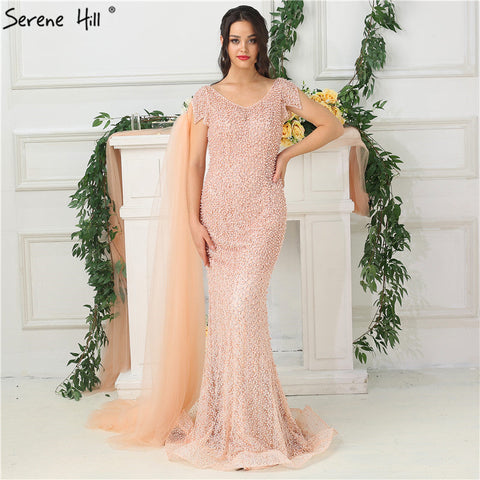 Robe de soirée sirène couleur pêche et perles, sans retour ni remboursement, LA6642
