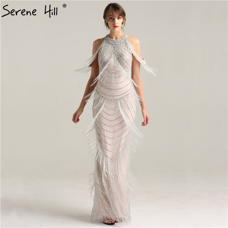 Luxury Halter Shaking Sliver Sexy Mermaid Backless Evening Dress Tassel Beading Sleeveless Evening Gowns 2025 In Stock LA6229