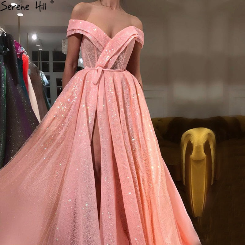 Peach Pink Luxury Sparkle Tulle Evening Dresses LA6505