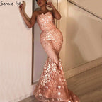 On Sale no return no refundSale Peach Elegant Mermaid Sexy Evening Dresses Handmade Flowers Off Shoulder LA6667