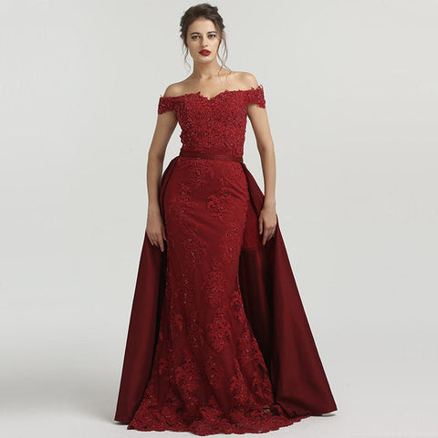 Robe de soirée en dentelle bleu marine à épaules dénudées et perles, sans manches, LA6565