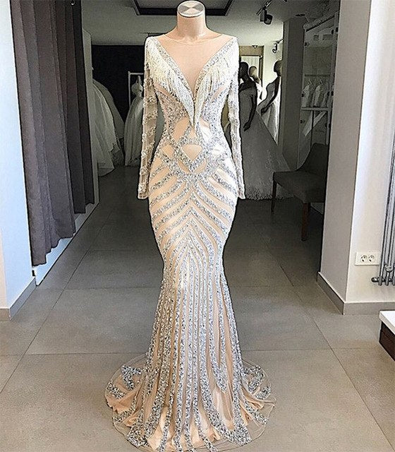 On Sale no return no refundSale Nude Slim Mermaid Luxury Evening Dresses Long Sleeves Beading Tassel Fashion LA6594