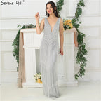 Dubai Design Silver Sexy Deep-V Evening Dress Sequined LA6674