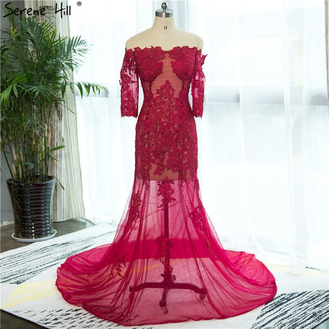 Vestido de noche sirena sexy con hombros descubiertos y encaje, mangas cortas. Fotografía HA2139