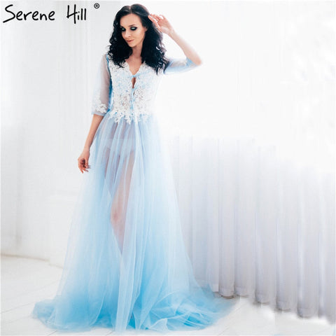 En oferta. Sin devoluciones ni reembolsos. Vestido de noche azul transparente de manga larga. Talla personalizada. Tallas grandes. HA2098