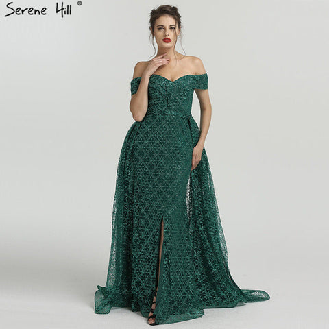 Robe de soirée longue sirène vert foncé pailletée à épaules dénudées et traîne amovible