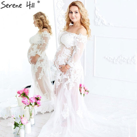 Vestido de noche de tul con hombros descubiertos y encaje para embarazadas, modelo HA2112. Sin devoluciones ni reembolsos.