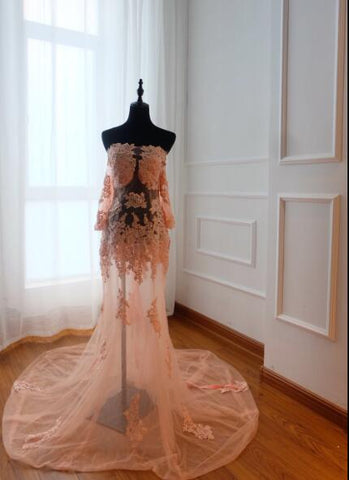 Vestido de noche de tul con hombros descubiertos y encaje para embarazadas, modelo HA2112. Sin devoluciones ni reembolsos.